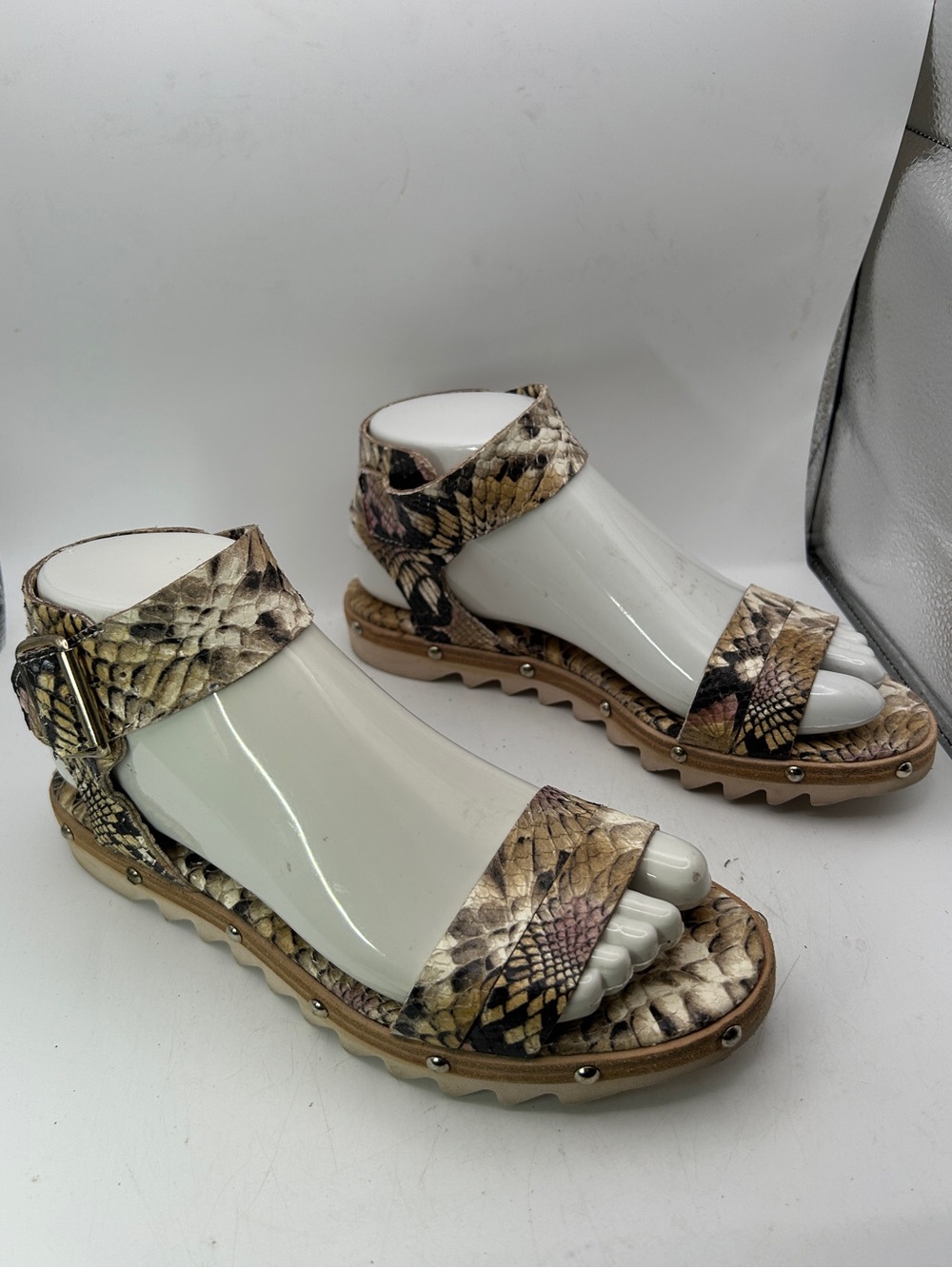 AGL womans sandals brown pink silver strappy python reptile animal size 38 US 8 - Picture 2 of 14